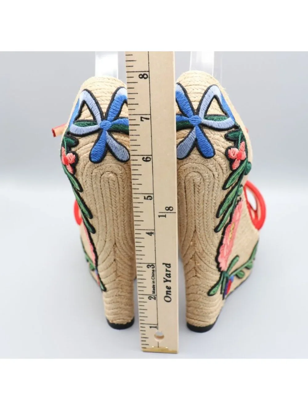 Gucci Ophelia Hibiscus Red Suede Floral Crewel Wedge Platform Espadrille 38 Box